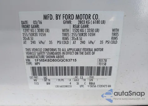 2016 Ford Explorer Xlt z USA, uszkodzony, nr VIN 1FM5K8D80GGC63715